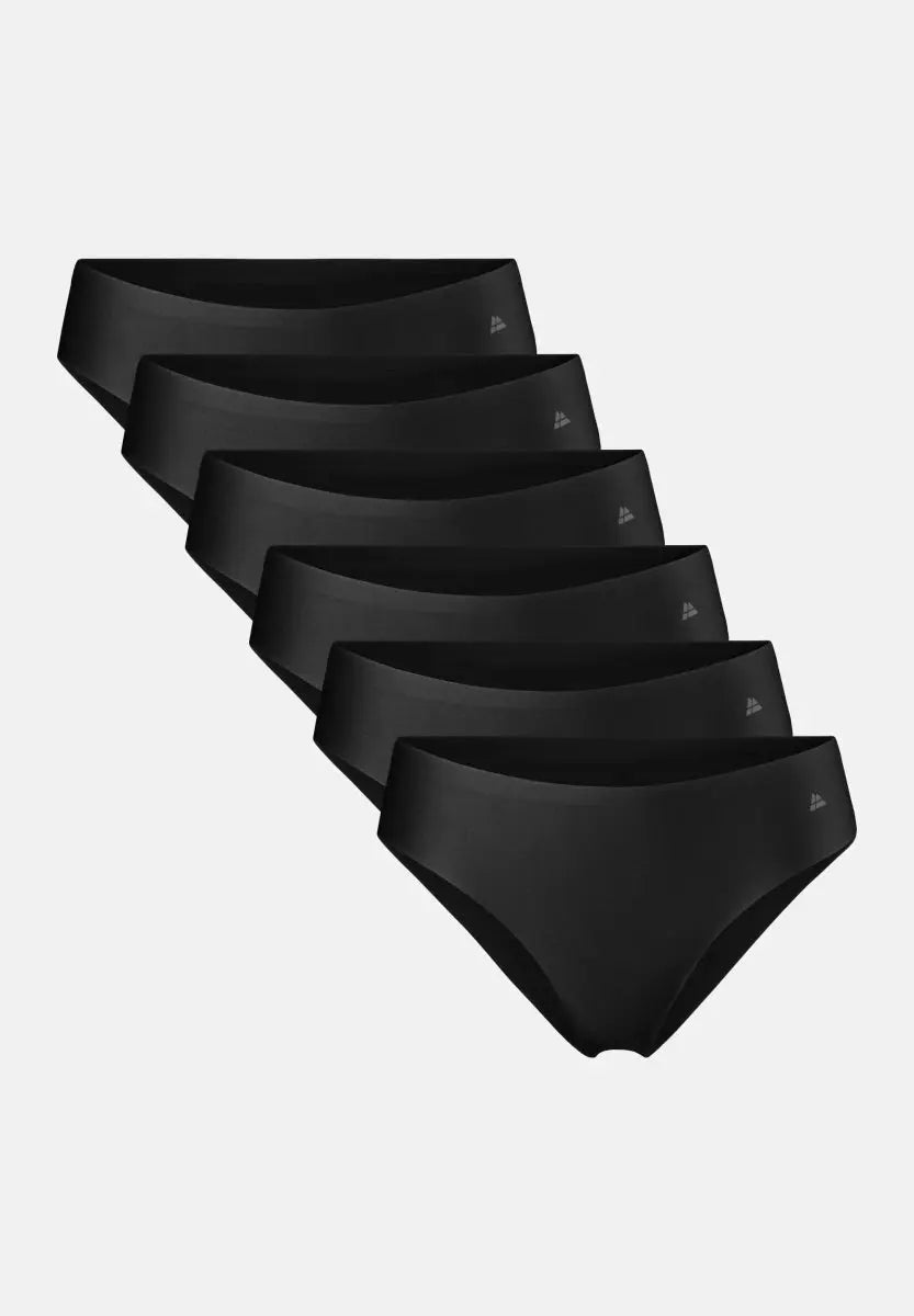 Stack of six black bikini panties with a small logo on the side, displayed on a white background.