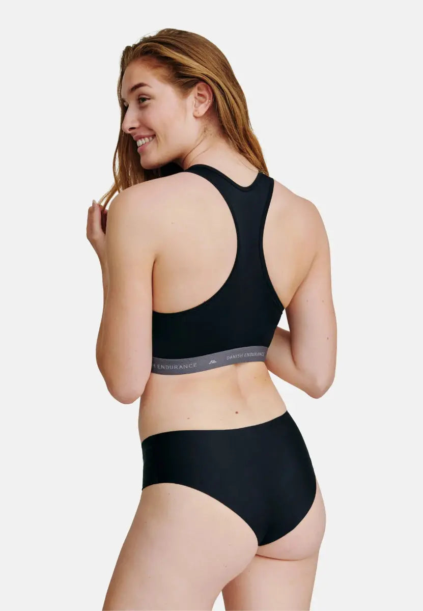 Woman in black hipster panties and sports bra, smiling, viewed from behind against a white background.
