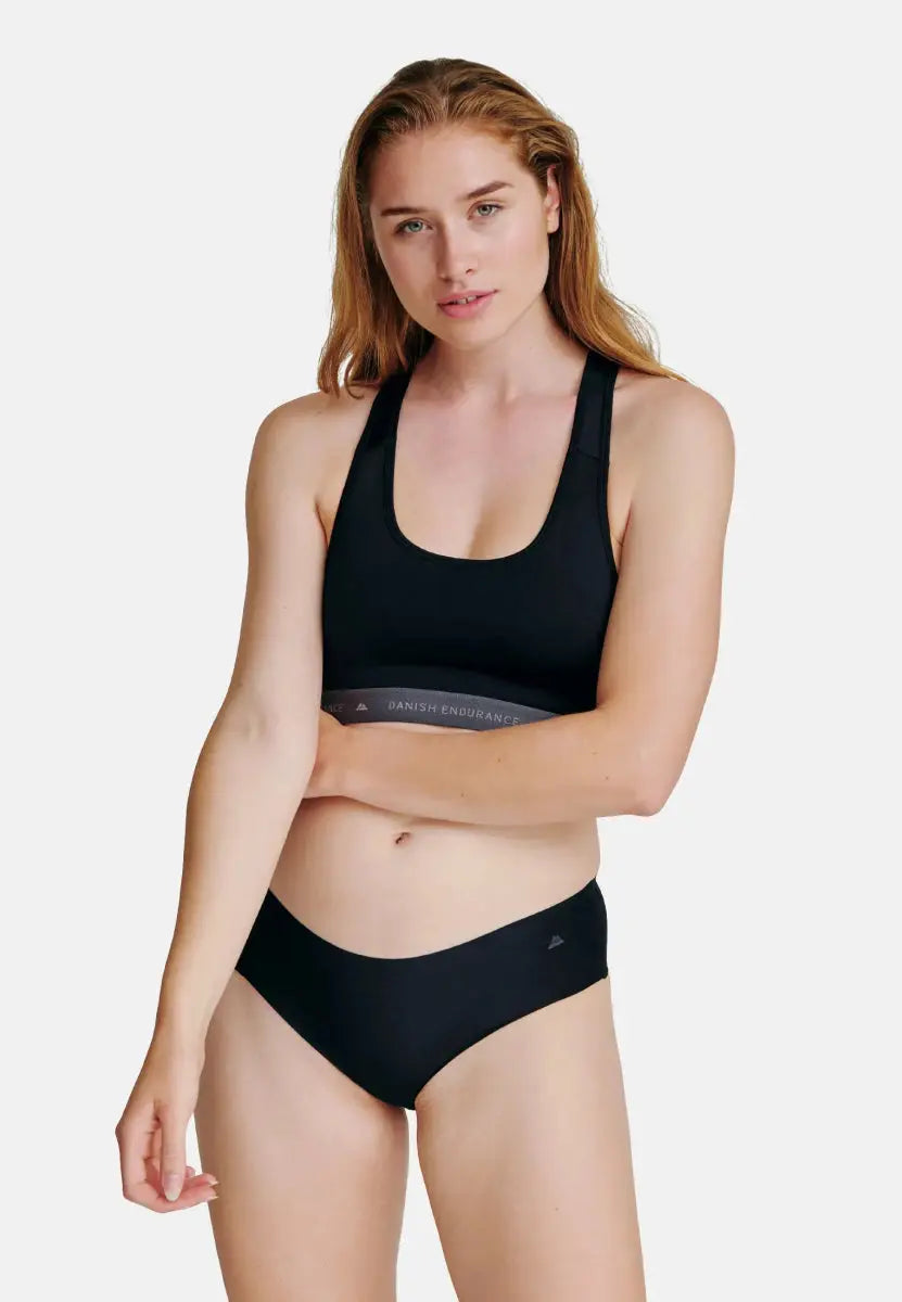 Person wearing black hipster panties and sports bra, with arms crossed, on a plain background.