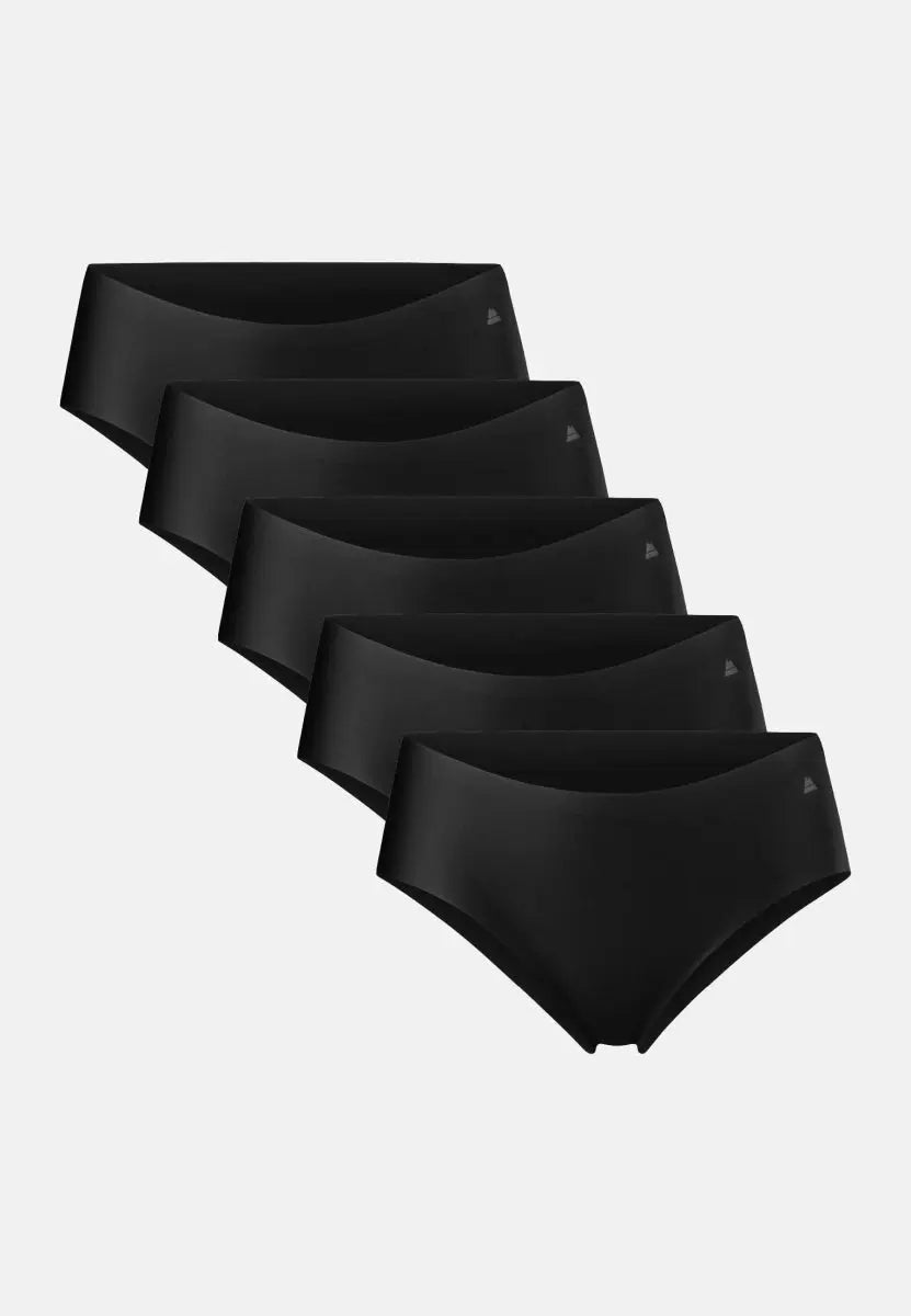 Five black hipster panties stacked vertically, seamless design, against a white background.