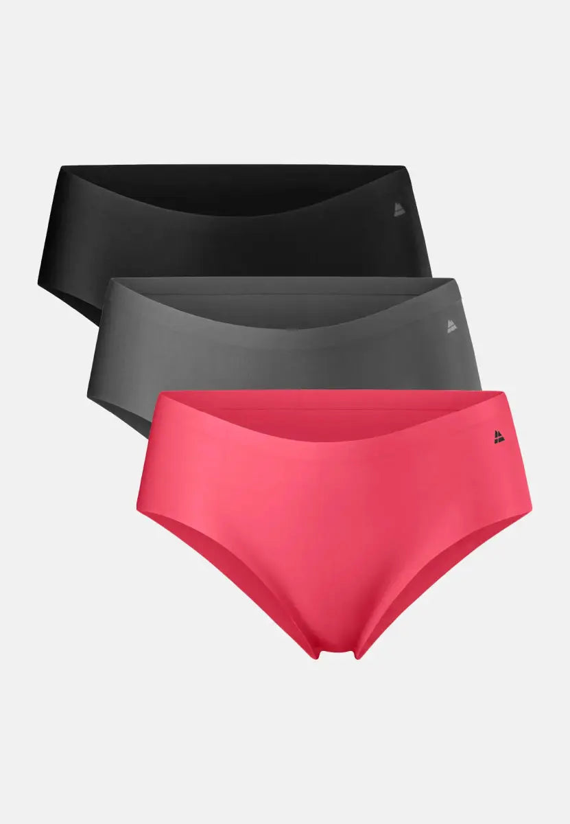 Three seamless hipster panties in black, gray, and pink, layered and displayed on a white background.