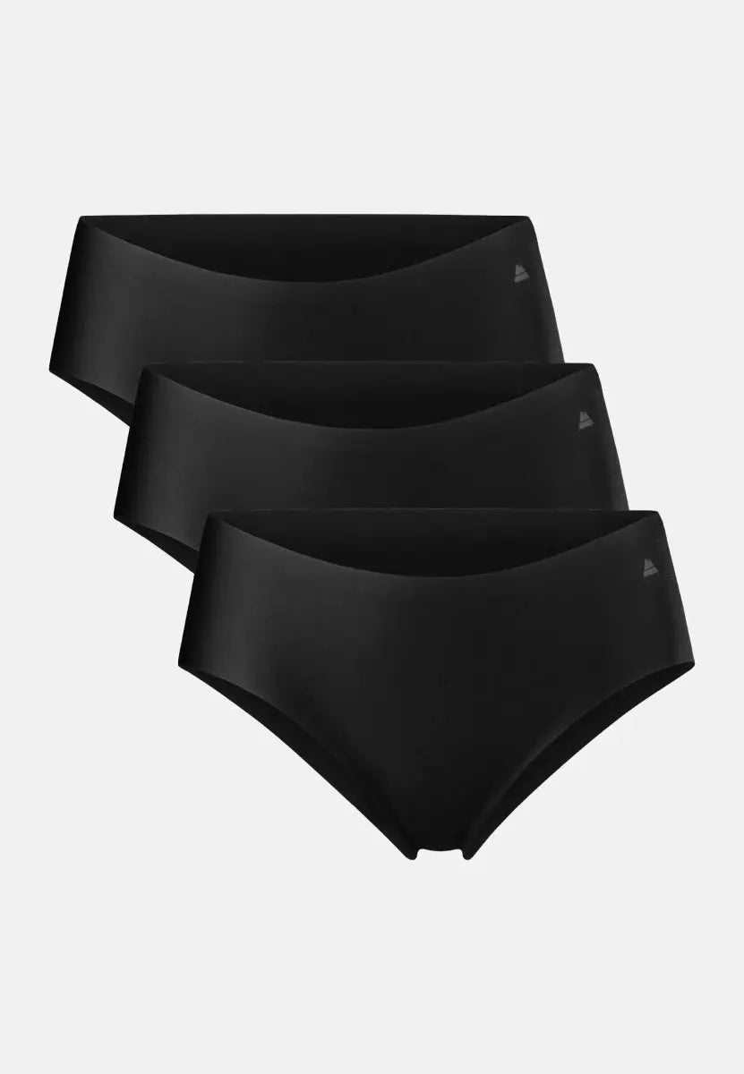 Three black hipster panties stacked, showcasing seamless design on a white background.