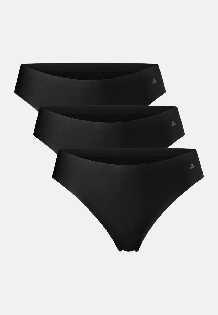 Three black thong panties stacked diagonally on a white background.