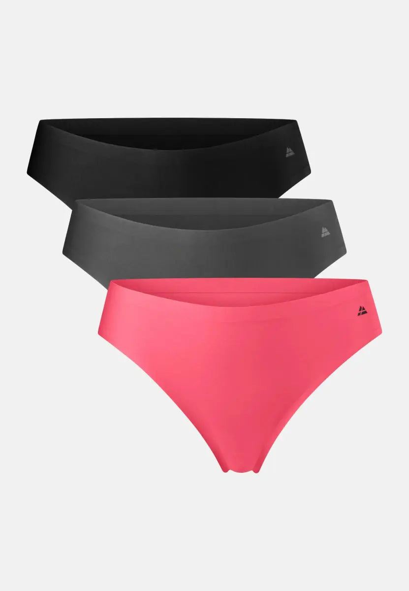 Three thong panties in black, dark gray, and pink, layered on a white background.