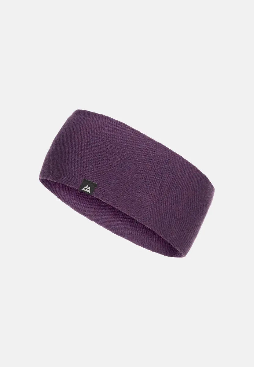 Purple merino wool headband with a black logo tag on a white background.