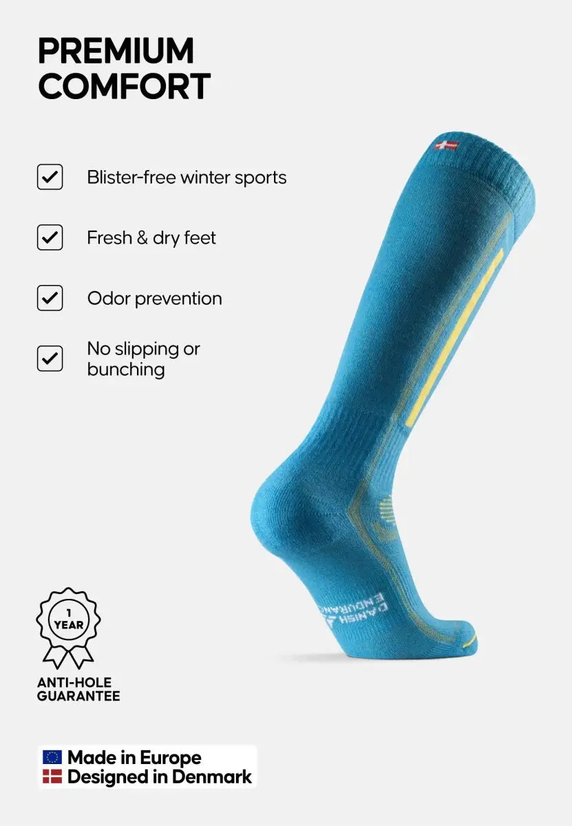 Blue ski sock with benefits: blister-free, fresh, odor-free, no slipping. Made in Europe, Denmark design.