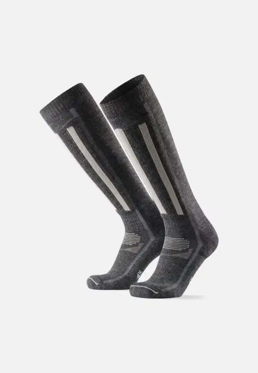 Dark gray knee-high merino wool ski socks with light gray stripes and textured patterns.