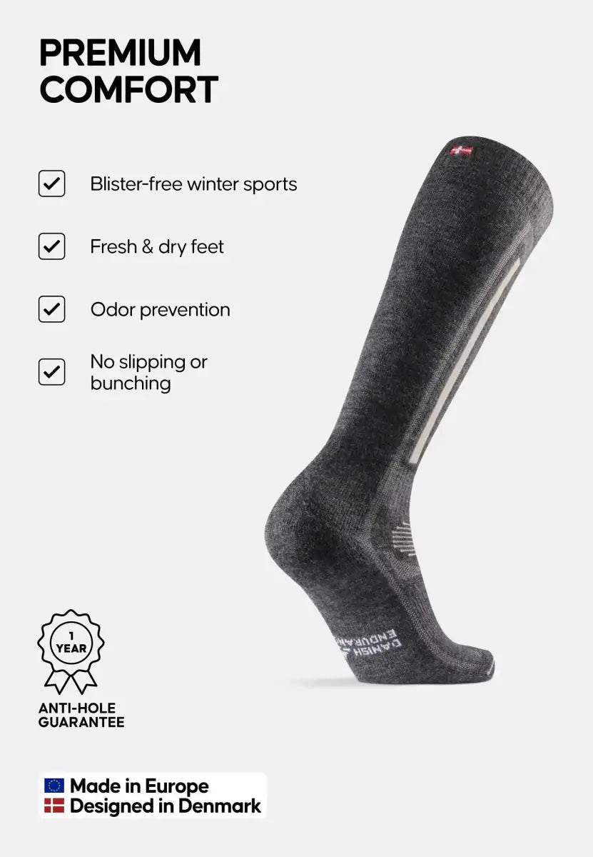 Dark gray sock with features: blister-free, fresh feet, odor prevention, anti-slip, European made.