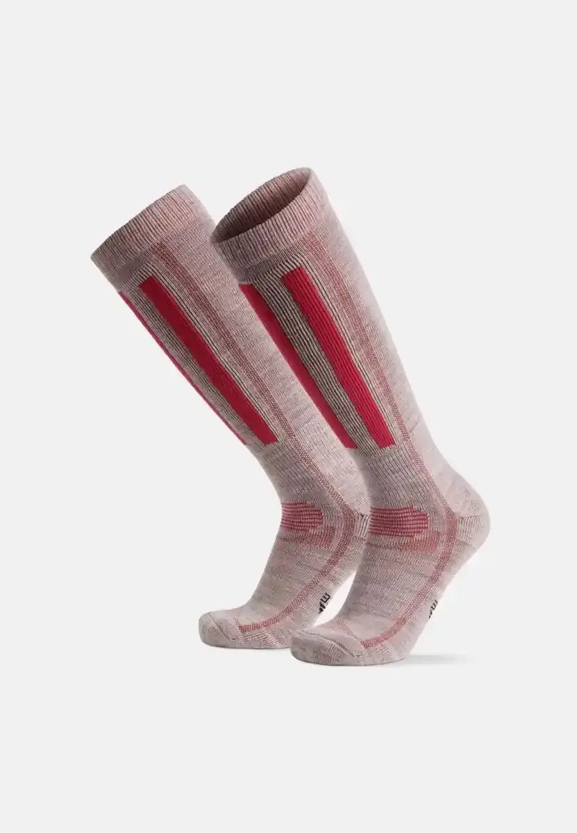 Light gray knee-high merino wool ski socks with red vertical stripes.