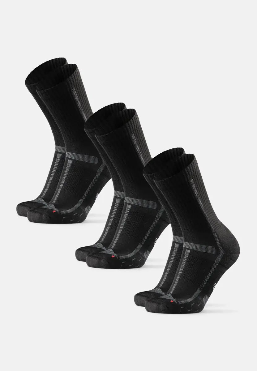 Three pairs of black crew running socks with gray stripes and reinforced toes and heels.