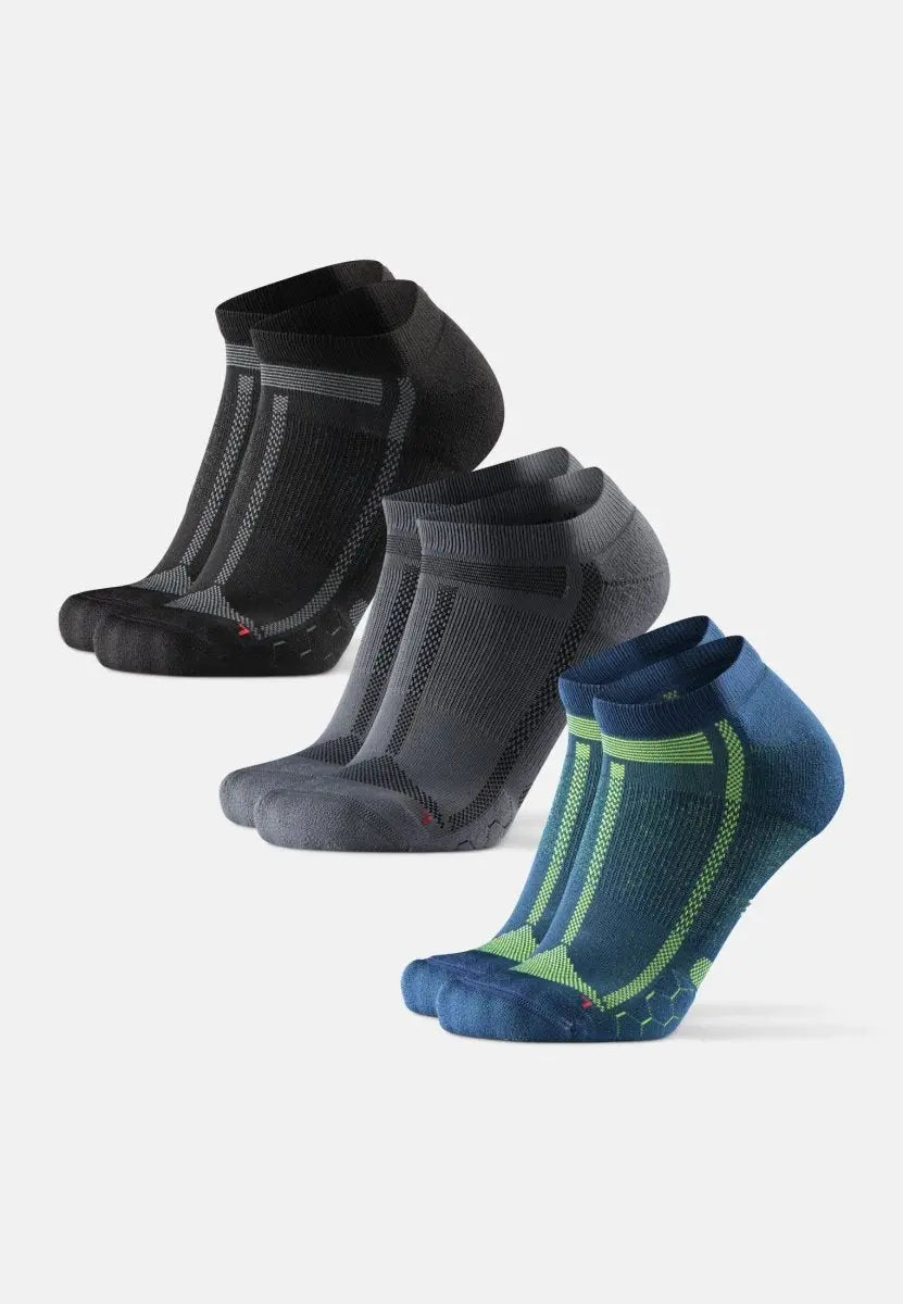 Three pairs of low-cut running socks in black, gray, and blue with green stripes.