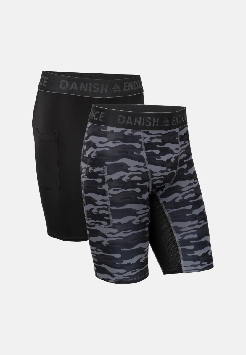 Black and gray camo men's compression shorts with pockets and "DANISH ENDURANCE" waistband.