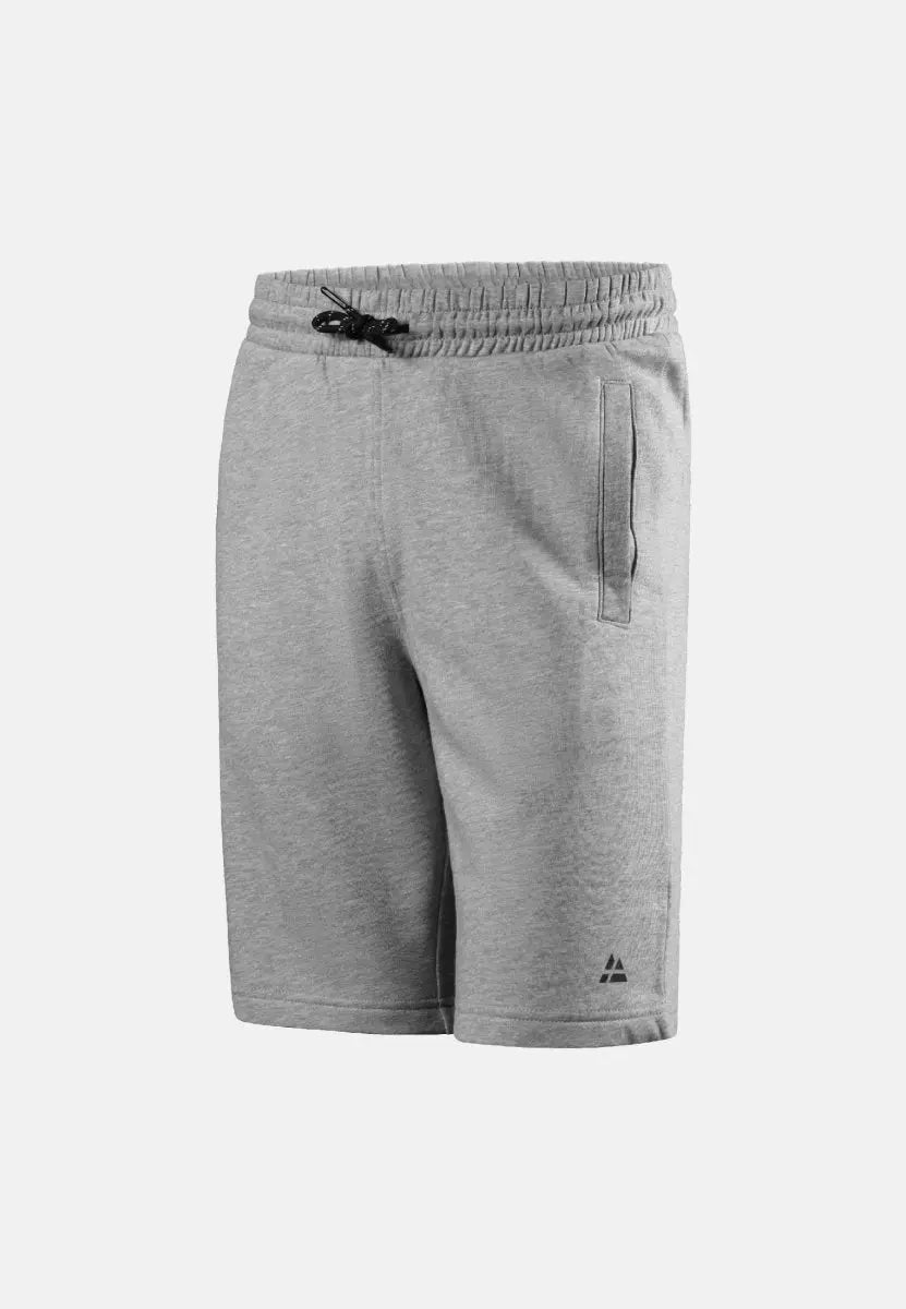 Gray cotton sweat shorts with drawstring, elastic waistband, side pockets, and logo near the hem.