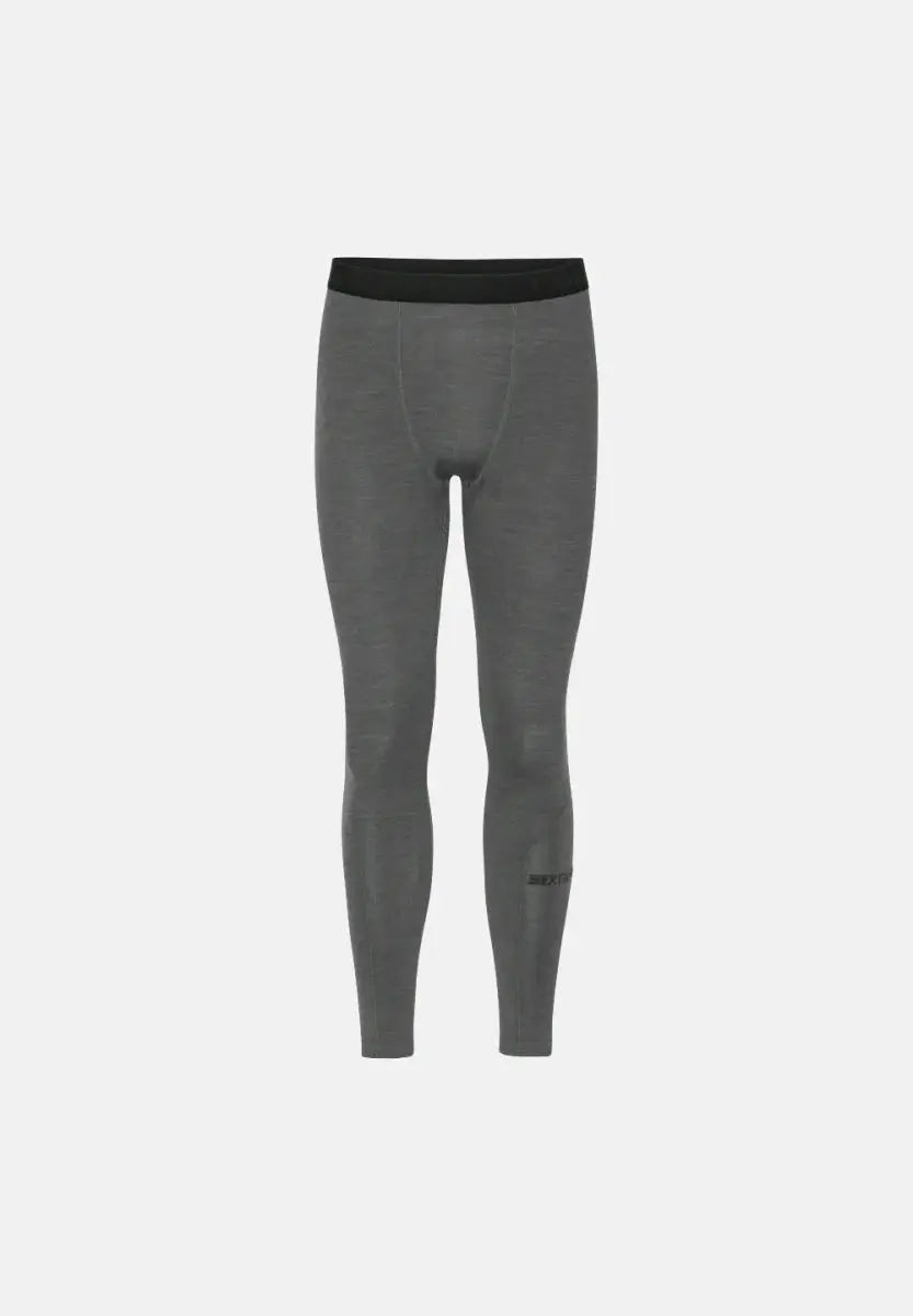 Grey merino wool base layer tights with black waistband, front view, seamless design.