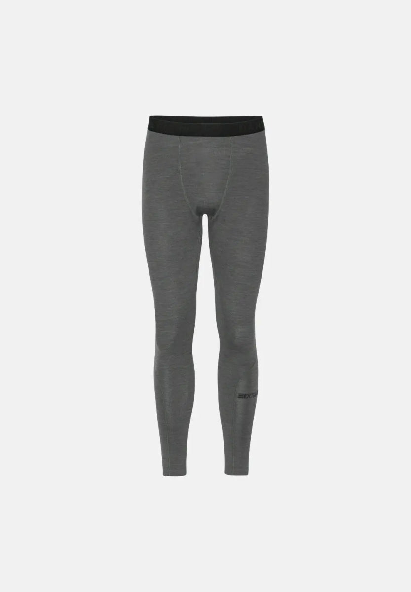 Grey merino wool base layer tights with black waistband, front view, seamless design.