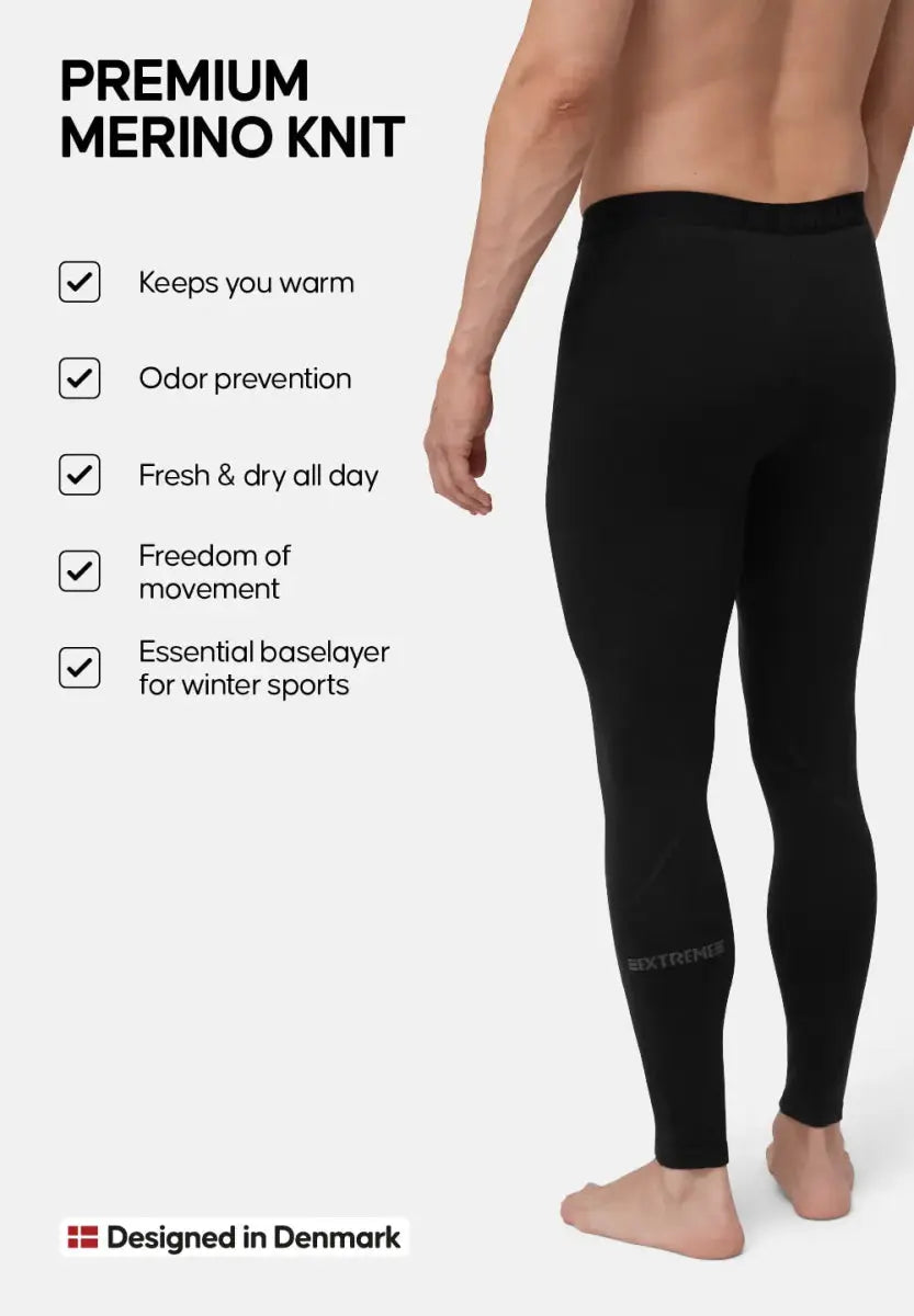 Man wearing black merino tights; features include warmth, odor prevention, and Danish design.