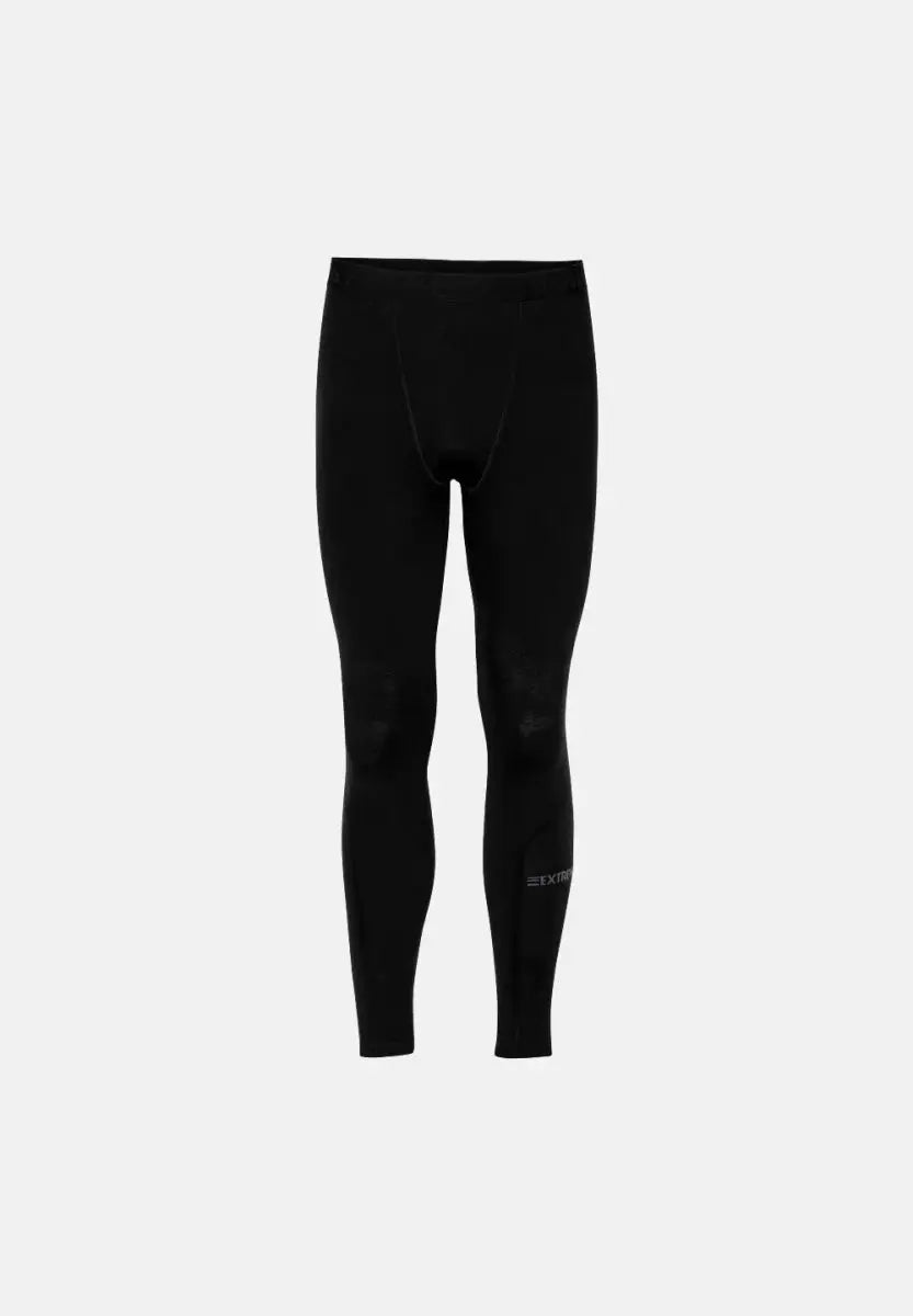 Black merino wool base layer tights with elastic waistband and subtle branding on lower leg.