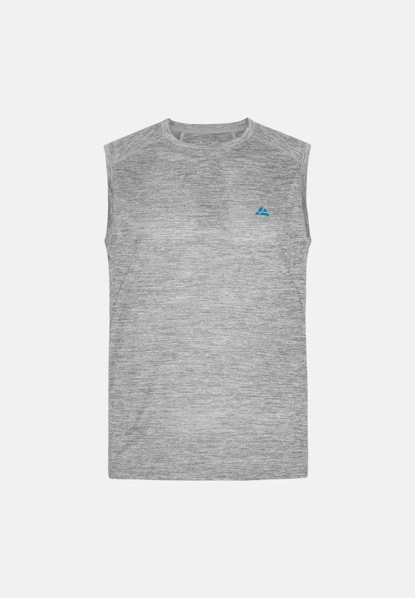 Light gray sleeveless tank top with textured fabric and small blue logo on the left chest.