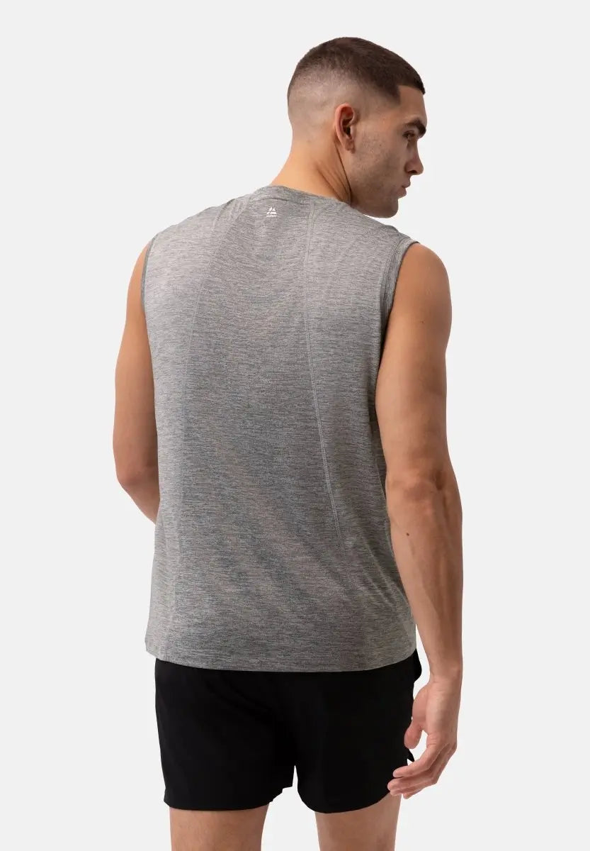 Man in gray tank top and black shorts, viewed from the back against a white background.