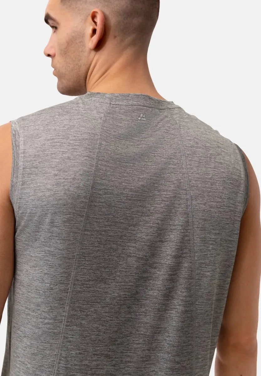 Back view of gray tank top, visible stitching, small logo near neck.