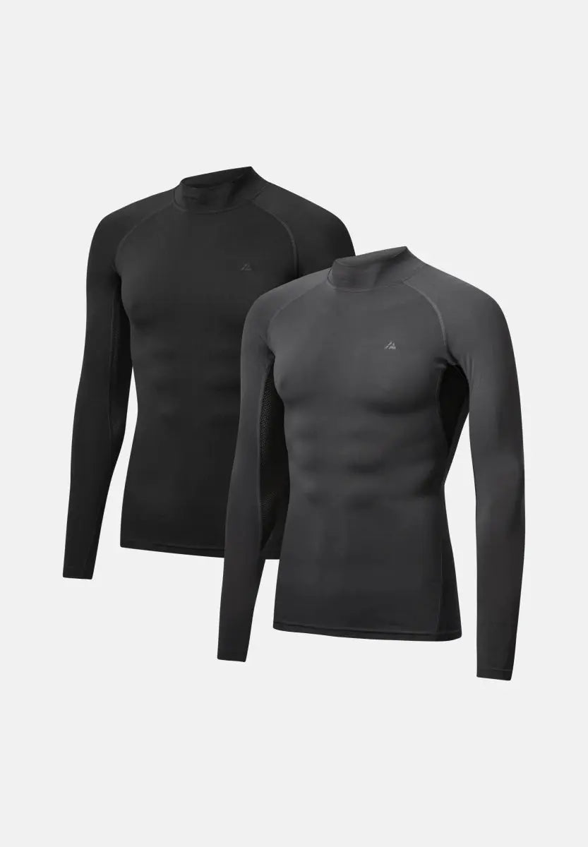 Two men's long sleeve compression shirts, one black and one dark gray, displayed on a plain background.