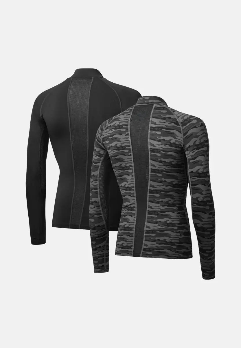 Two men's compression shirts, one black, one camo, displayed from the back on a white background.