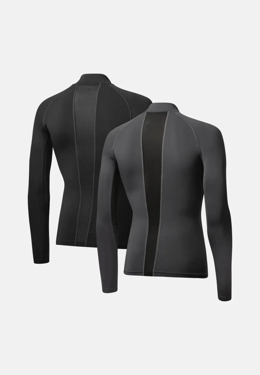 Two men's long sleeve compression shirts, black and gray, with back mesh panels for ventilation.