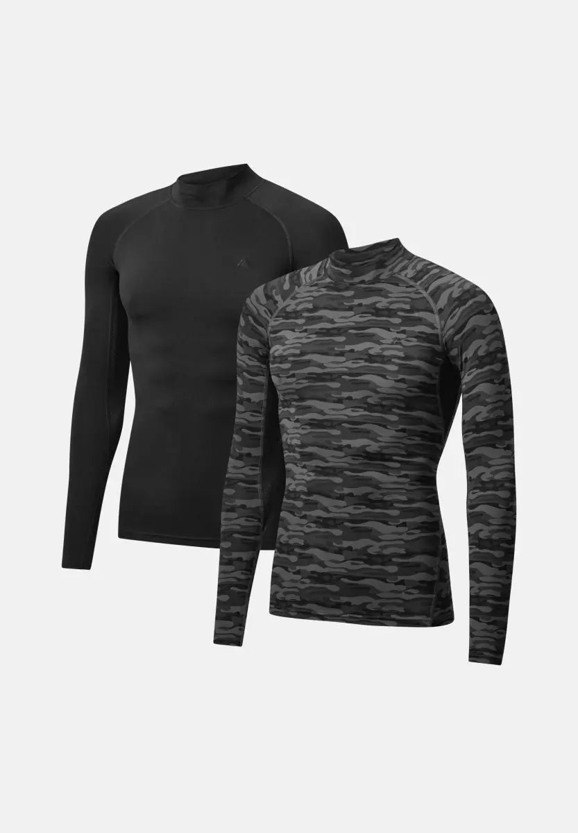 Two men's long sleeve compression shirts; one solid black, one gray camo pattern.