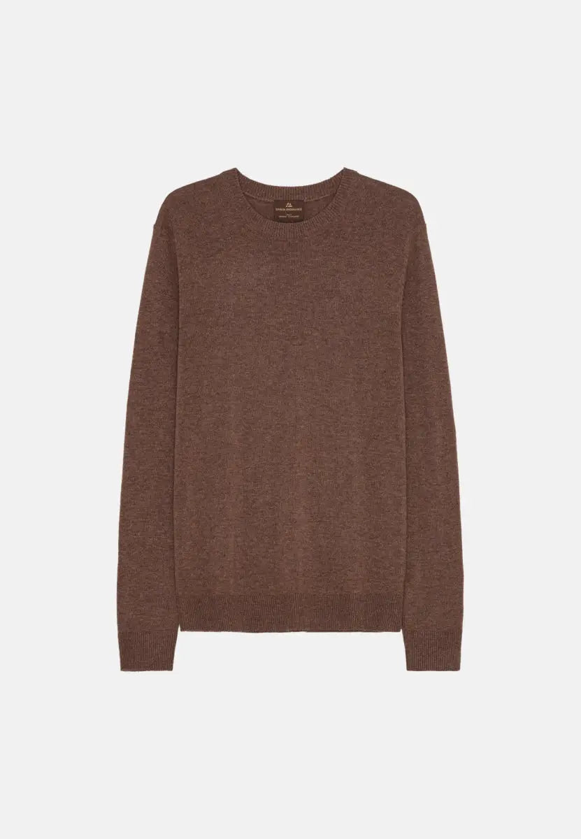 Brown men's merino cashmere sweater with crew neck and ribbed cuffs.