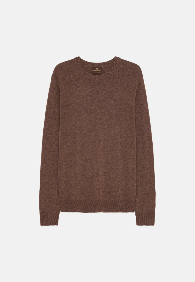 Brown men's merino cashmere sweater with crew neck and ribbed cuffs.