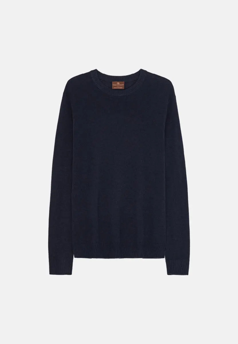 Dark navy blue Merino cashmere sweater, round neck, long sleeves, simple design.