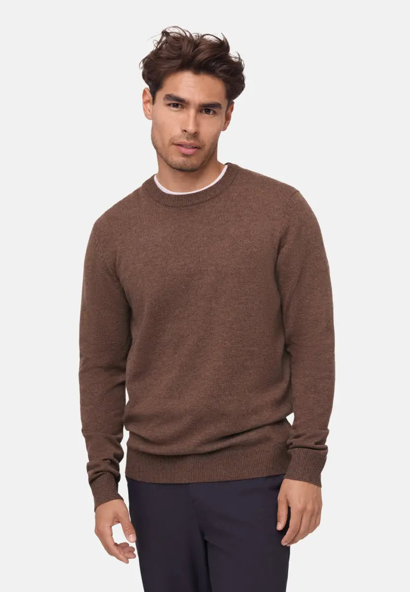 Man in a brown crew neck sweater and dark pants, standing against a plain background.