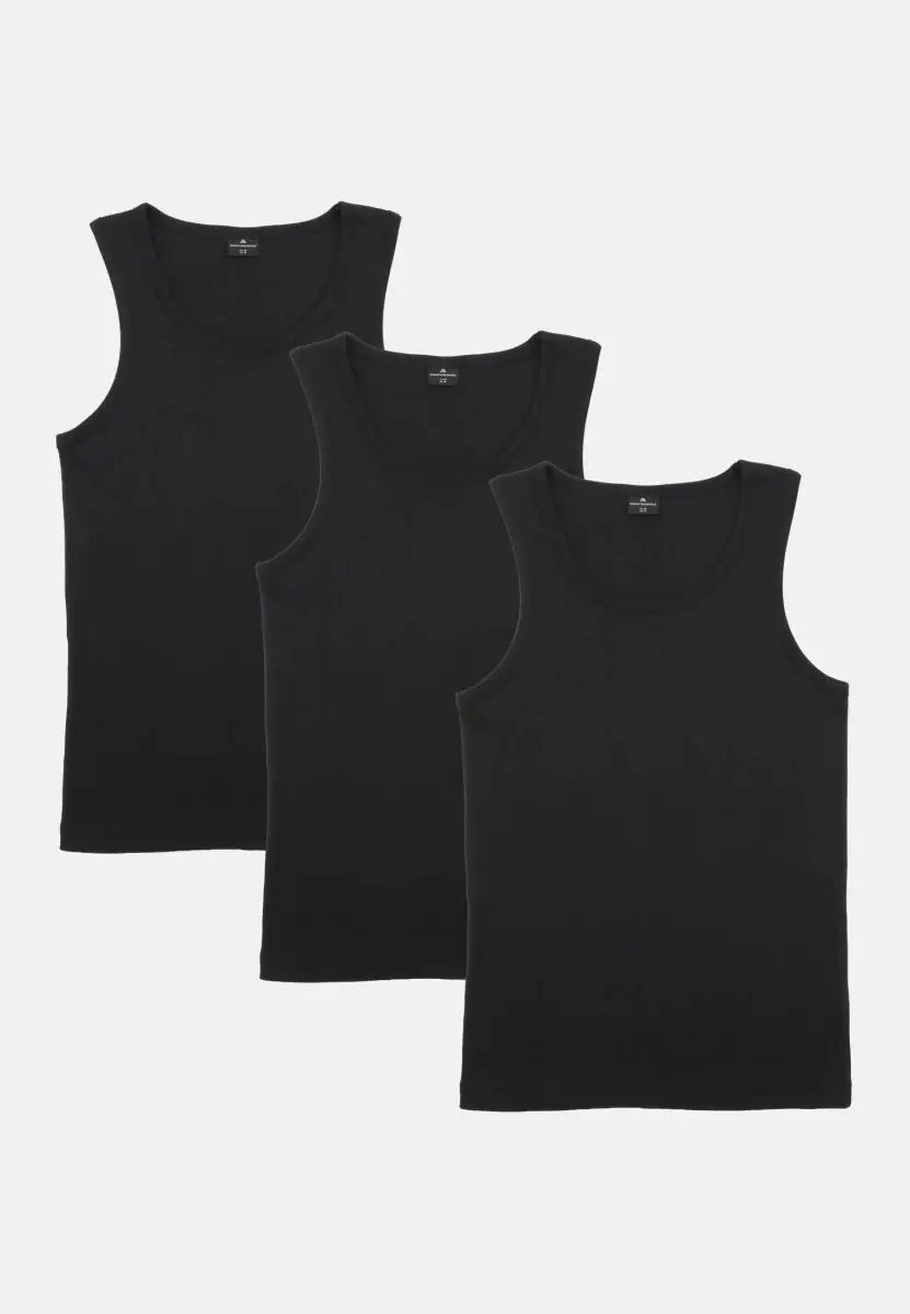 Three black organic cotton tank tops arranged in a row on a white background.