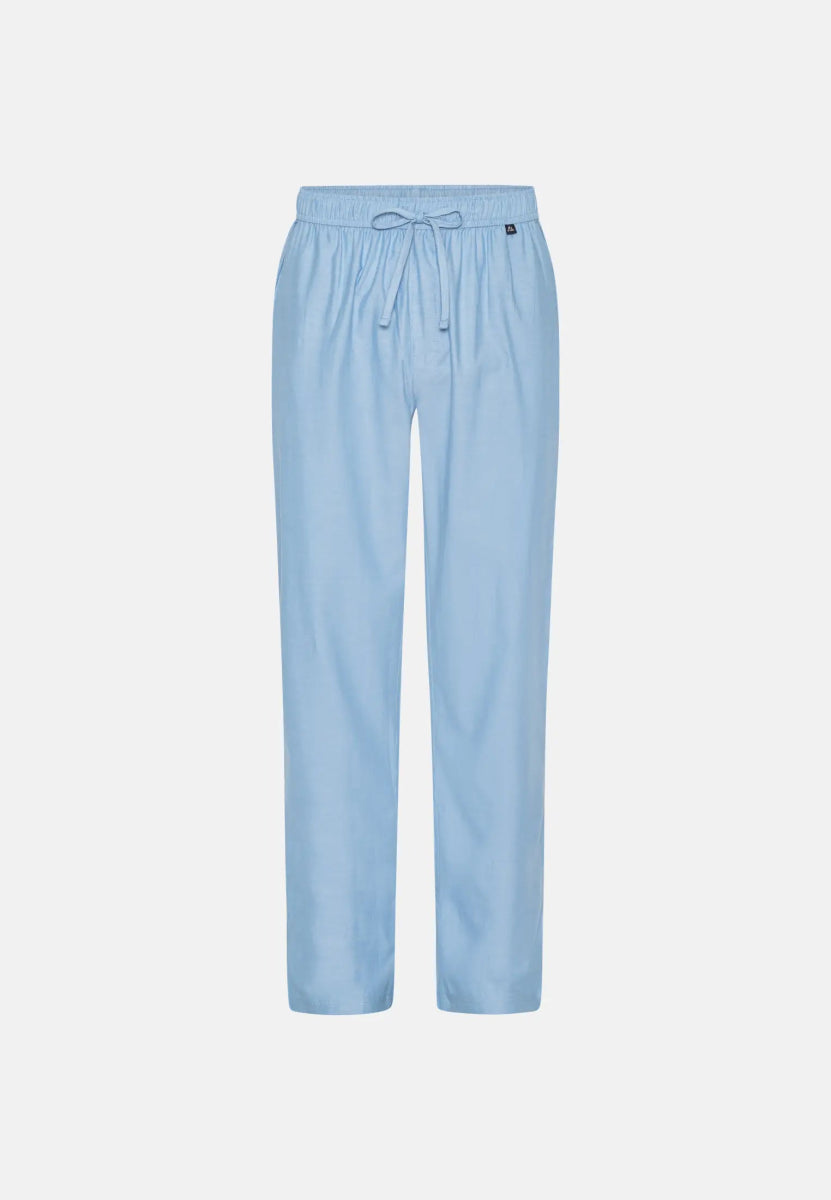 Light blue men's pyjama pants with drawstring waist on a plain background.