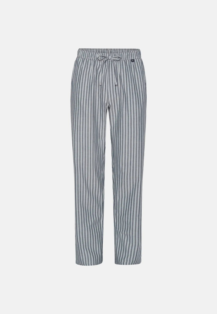 Gray and white striped men's pyjama pants with a drawstring waist.