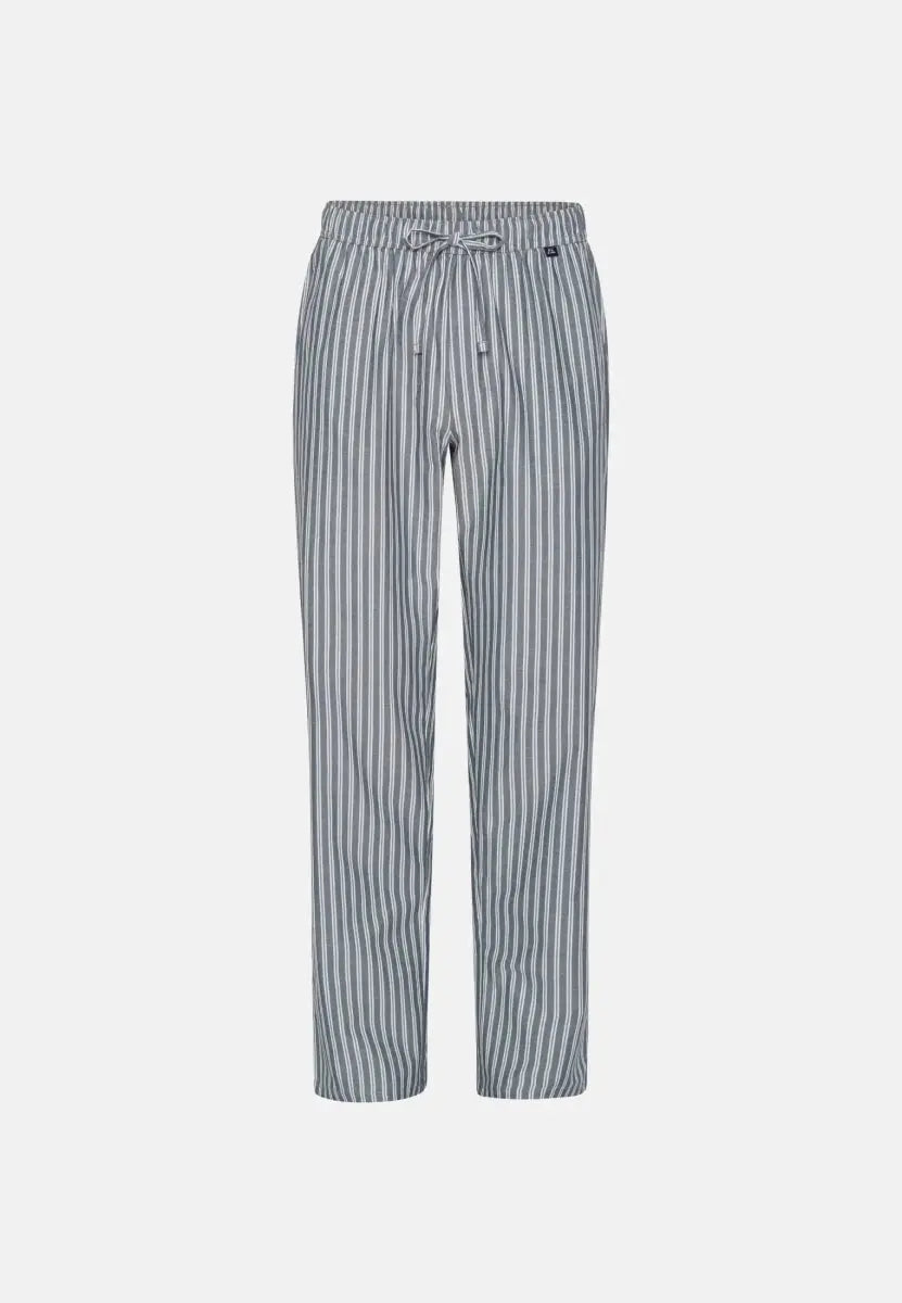 Gray and white striped men's pyjama pants with a drawstring waist.