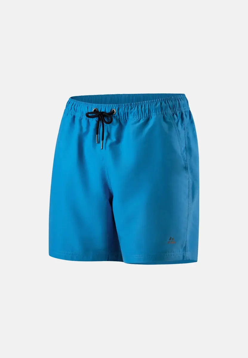 Bright blue men's swim trunks with black drawstring against a white background.
