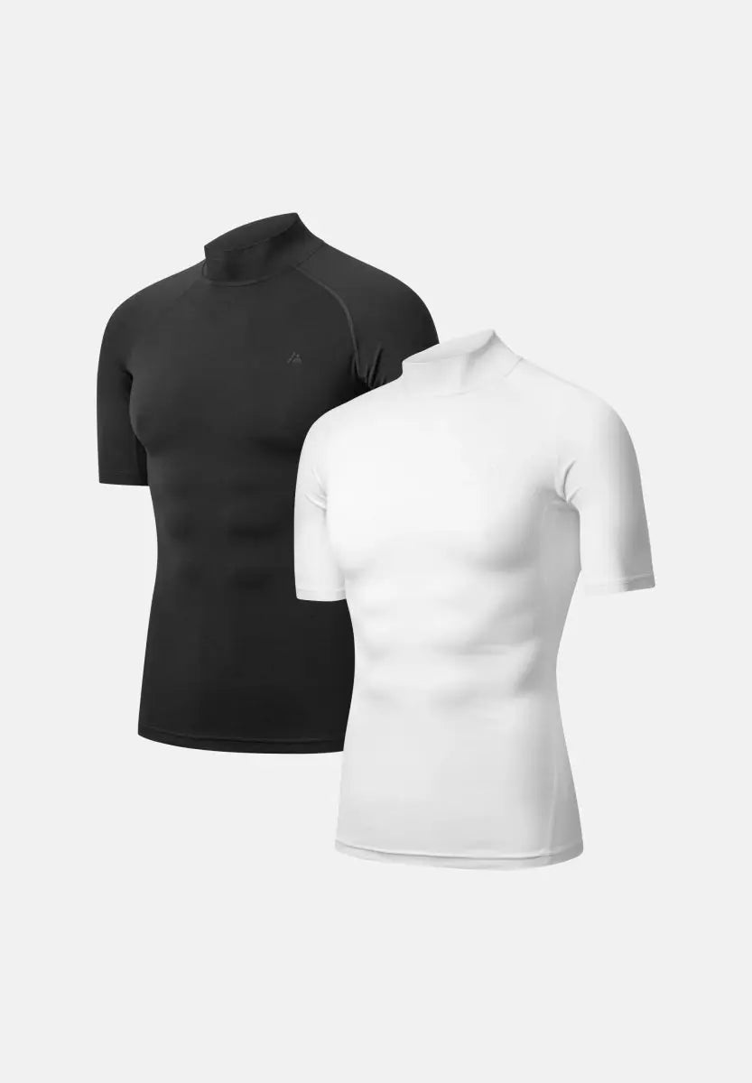 Two men's short sleeve compression shirts, black and white, displayed on a plain background.