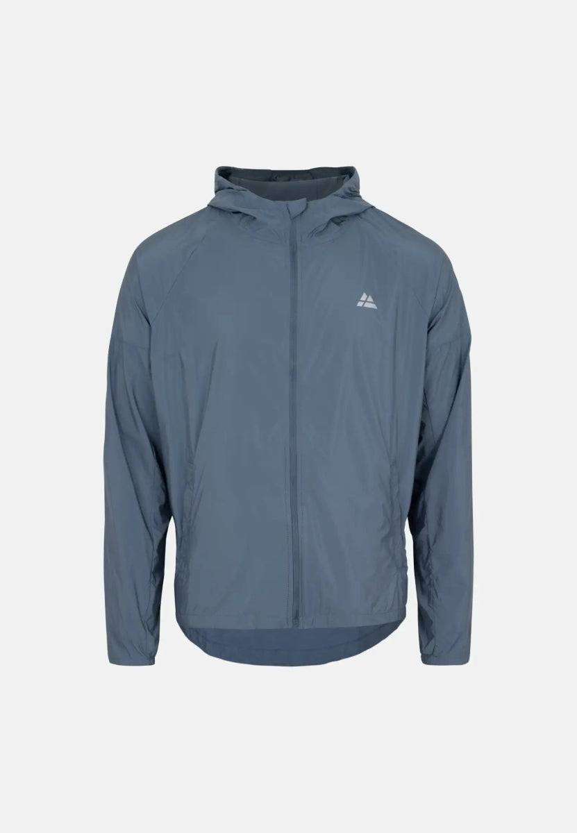 Gray-blue men's windbreaker jacket with hood, front zipper, and chest logo.