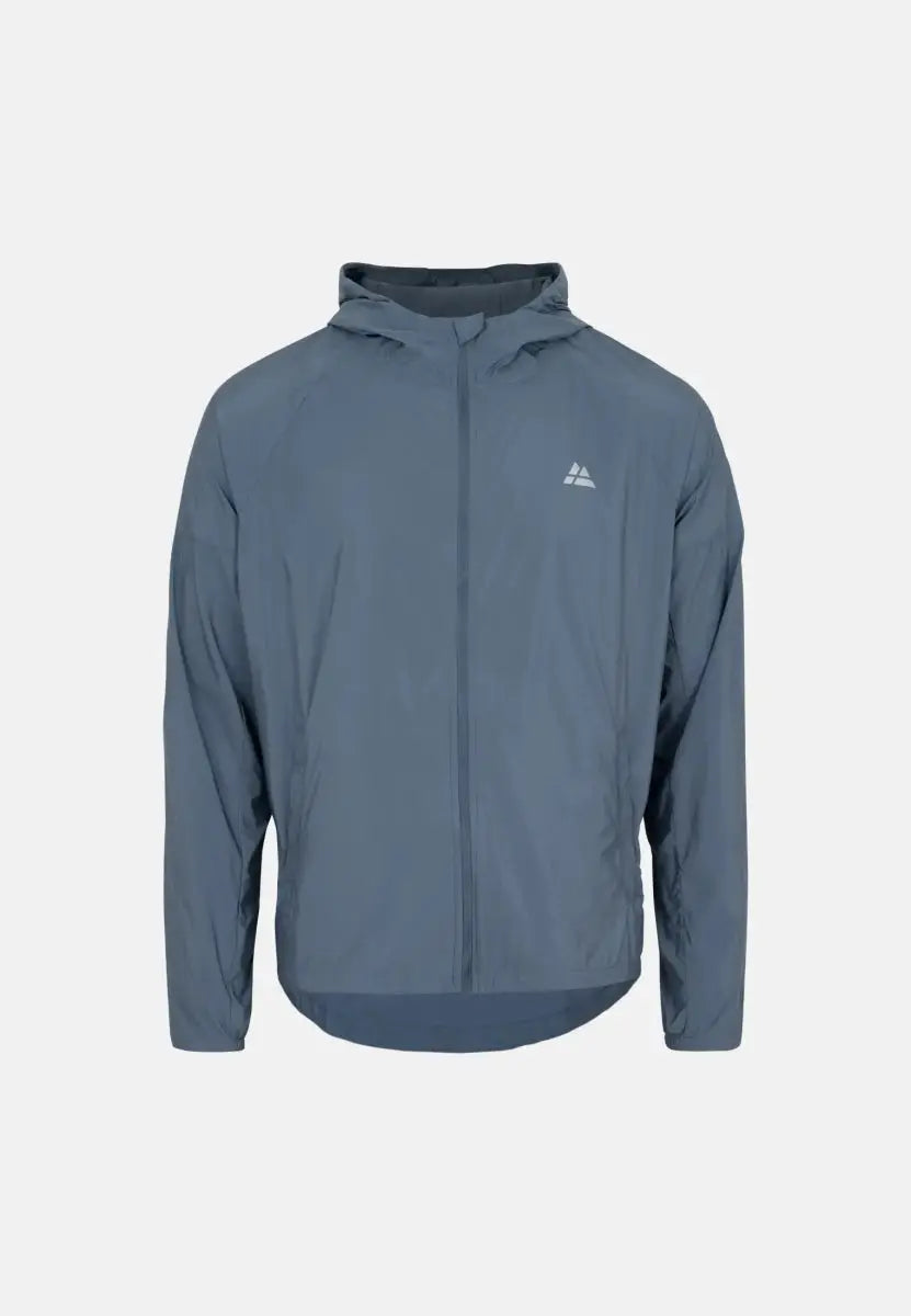 Gray-blue men's windbreaker jacket with hood, front zipper, and chest logo.