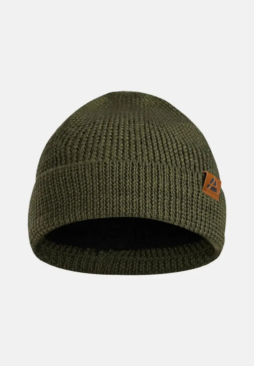 Olive green knitted beanie with brown leather patch, lined with black fleece for warmth.
