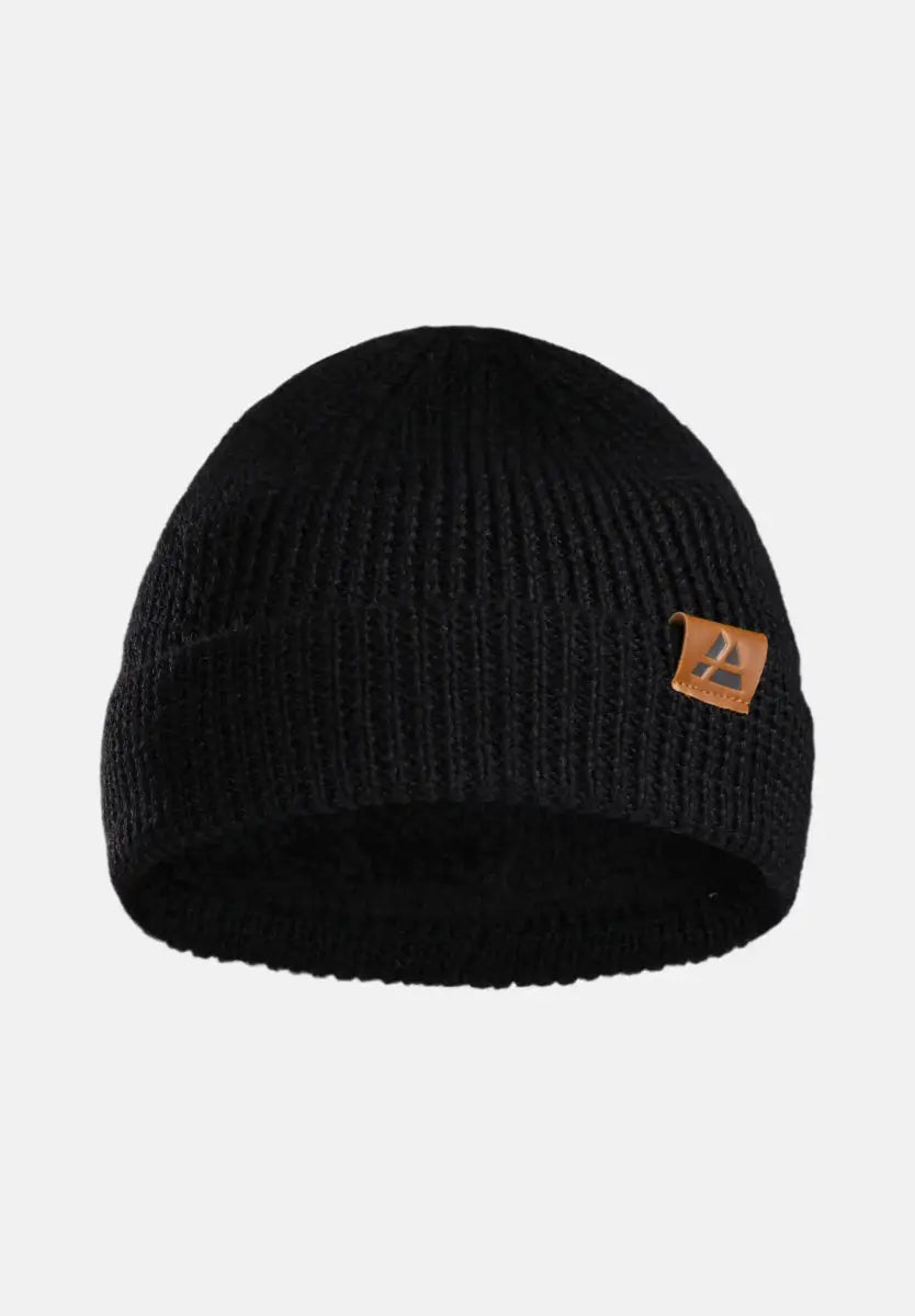 Black knitted beanie with brown leather logo tag on side.