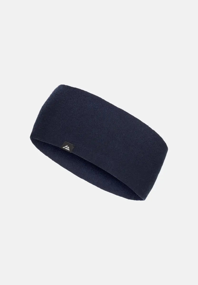 Dark blue merino wool headband with logo tag on light gray background.