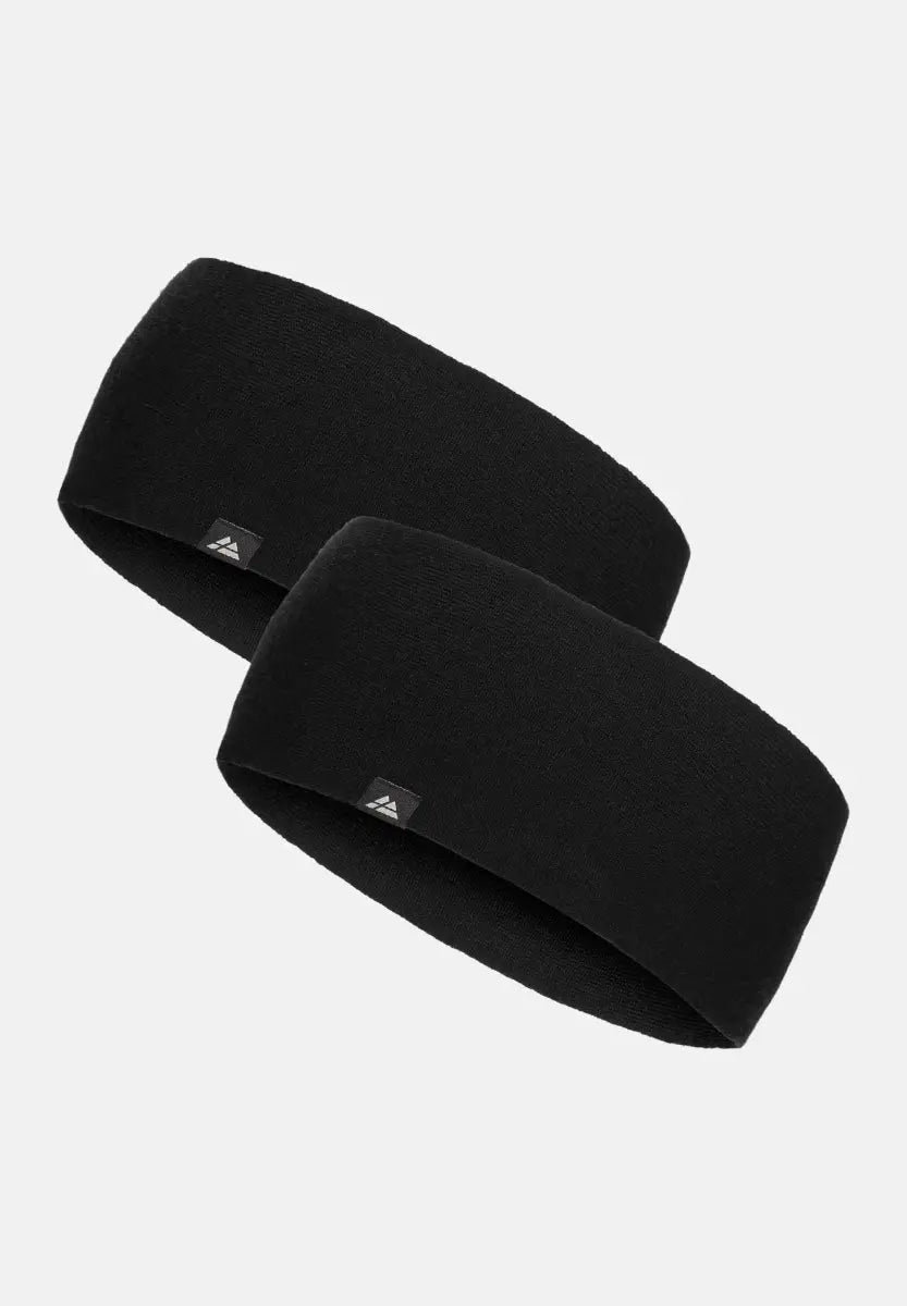 Two black merino headbands with small logo tags, set against a light gray background.