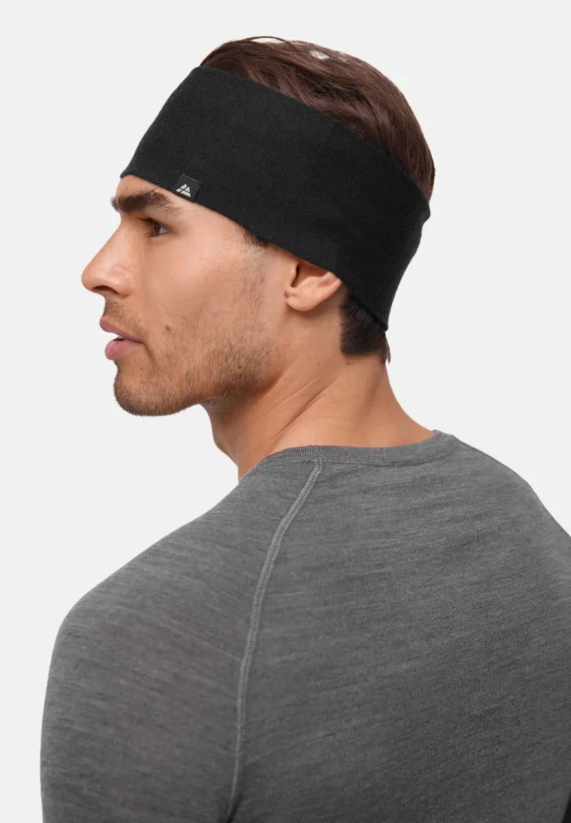 Person wearing a black Merino headband and gray shirt, shown in side profile.