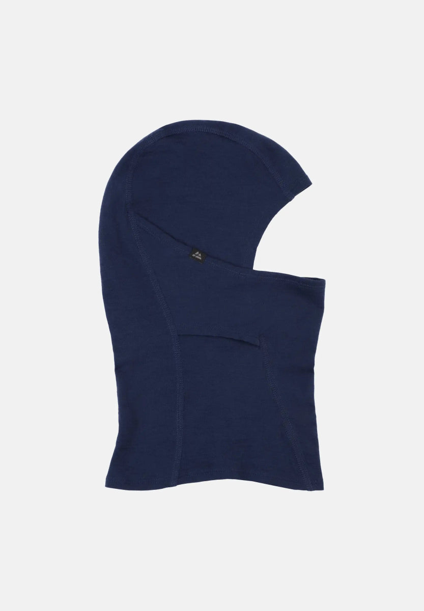 Dark blue merino wool balaclava, lightweight design, flat on a white background.