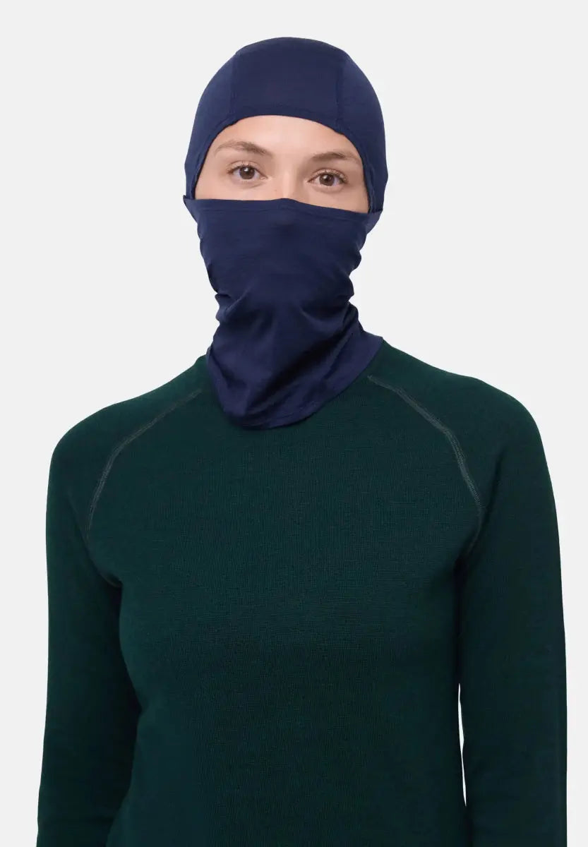 Person wearing a navy blue balaclava and dark green top, covering head and neck.