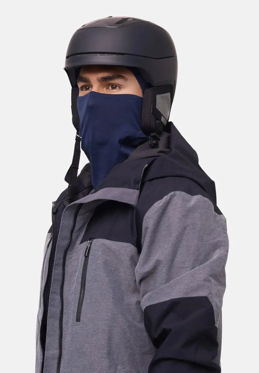 Person wearing a navy balaclava, black helmet, and gray jacket with black accents.