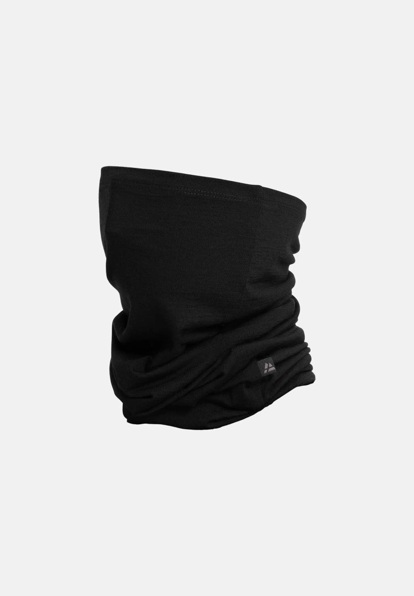 Black merino wool neck gaiter with a small logo tag, showcasing its lightweight material.