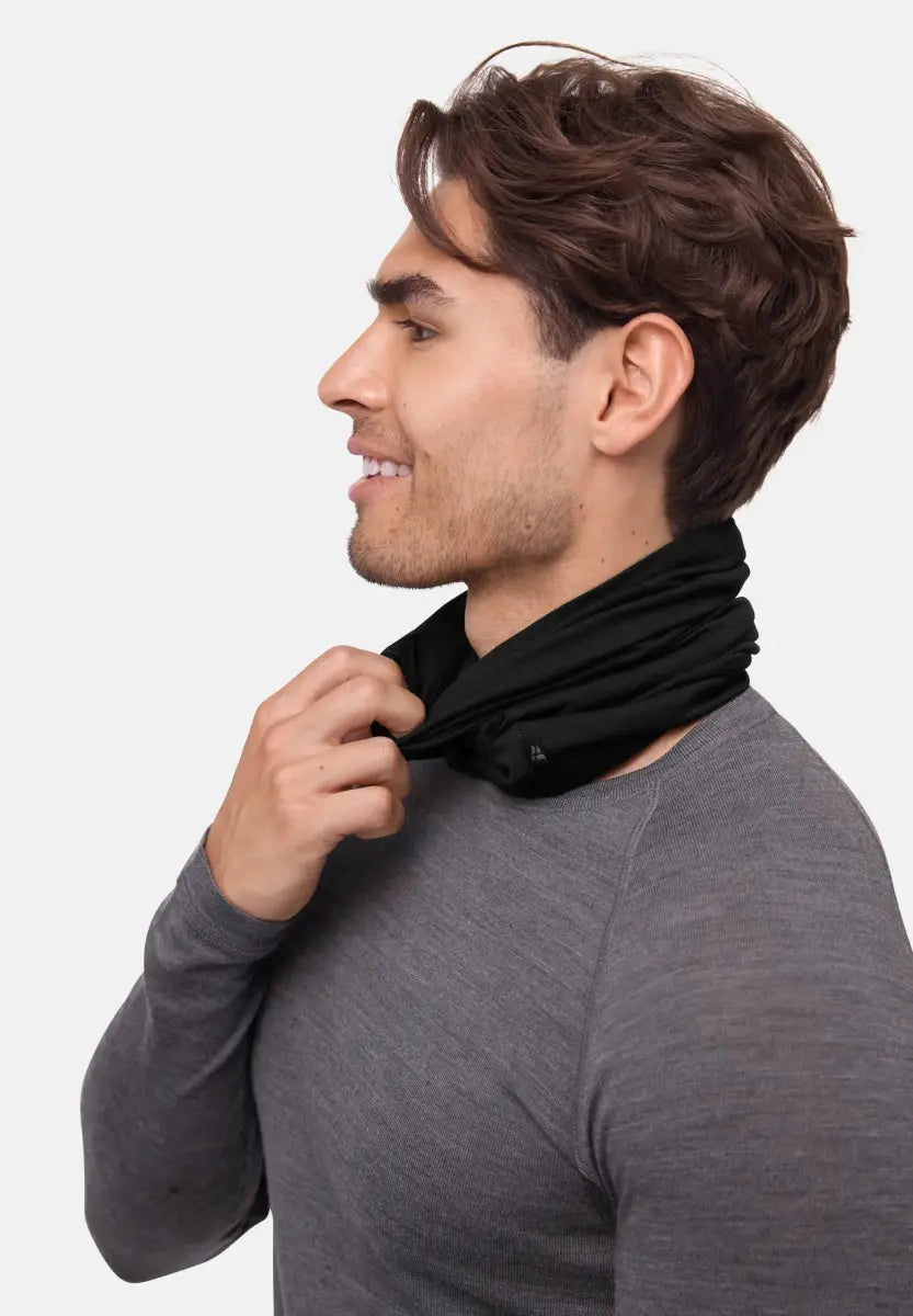 Man in profile wearing a black neck gaiter, adjusting it with his hand, in a gray shirt.